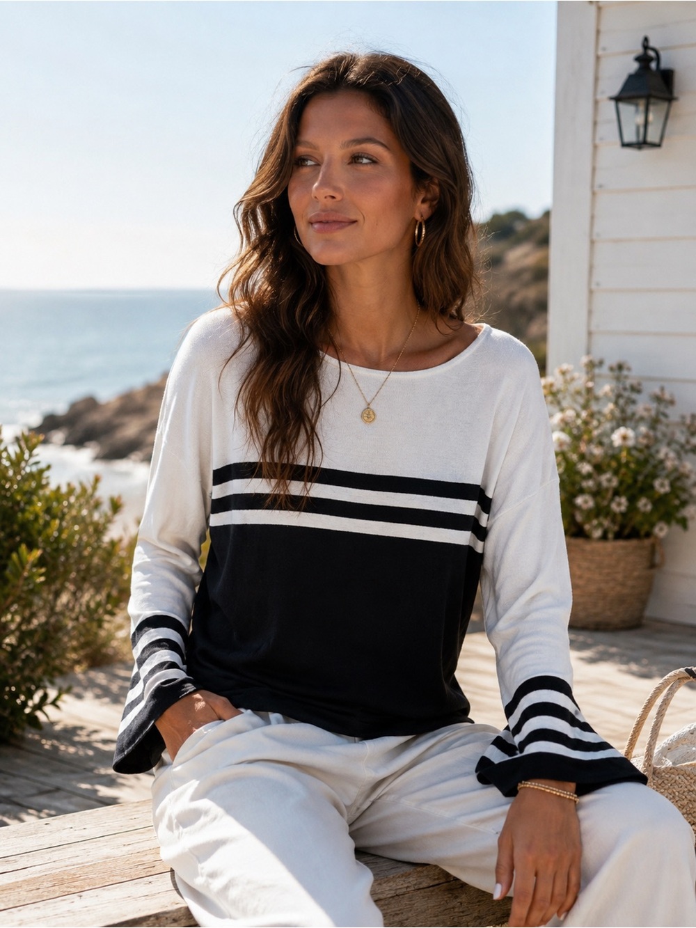 Alfani Black and White Striped Colorblock Long-Sleeve Top | size Large